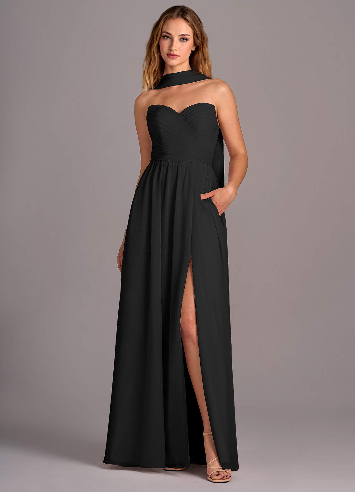 Azazie Joni Bridesmaid Dresses Black A-Line Strapless Chiffon Convertible Dress image1