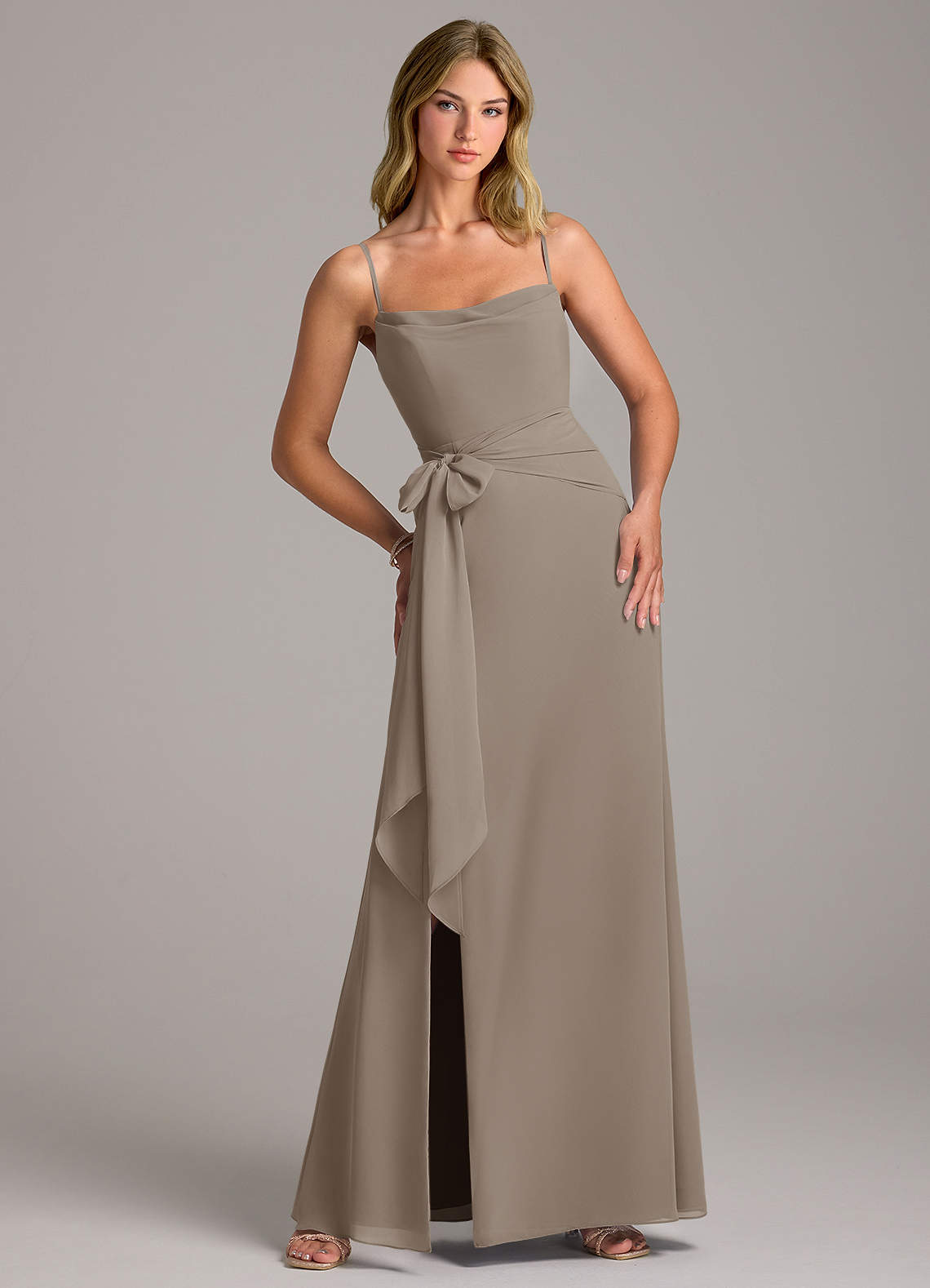 Azazie Tahlia Bridesmaid Dresses Taupe A-Line with Belt Chiffon Dress image1
