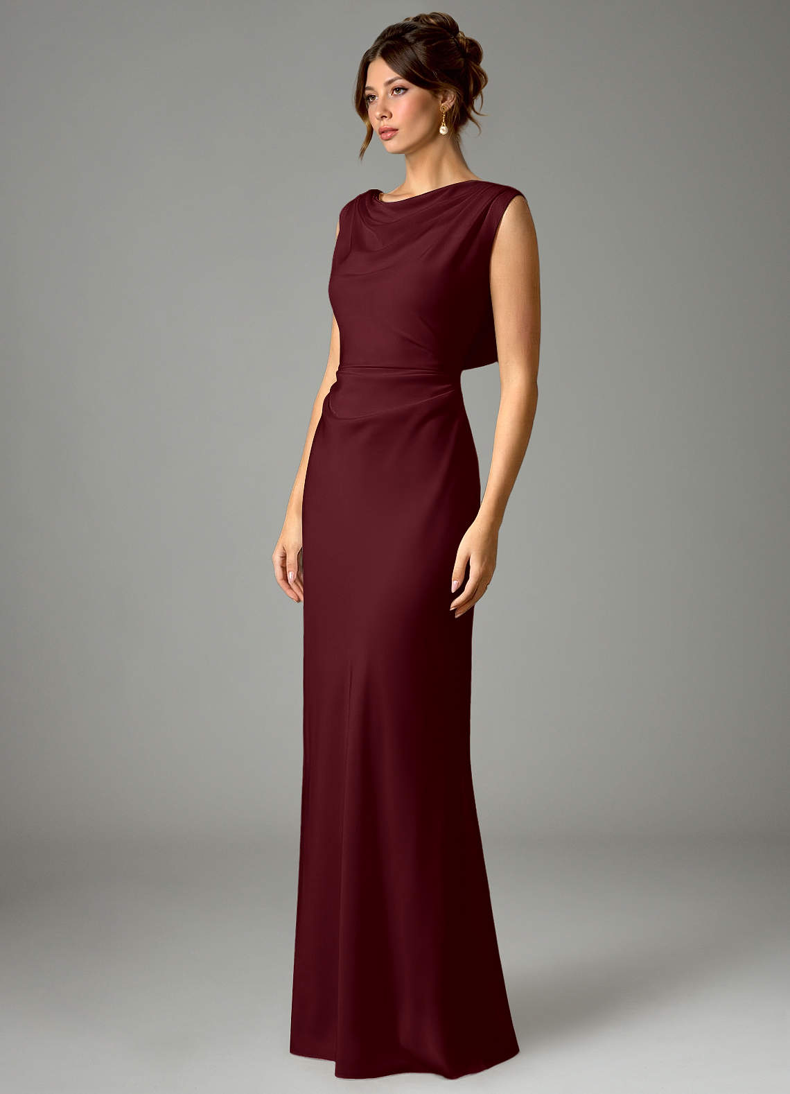 Azazie Kieryn Bridesmaid Dresses Cabernet Mermaid Pleated Stretch Satin Dress image4