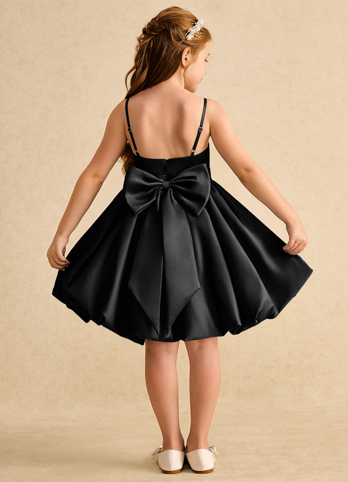 Azazie Davine Flower Girl Dresses Black A-Line Spaghetti Strap Matte Satin Dress image1
