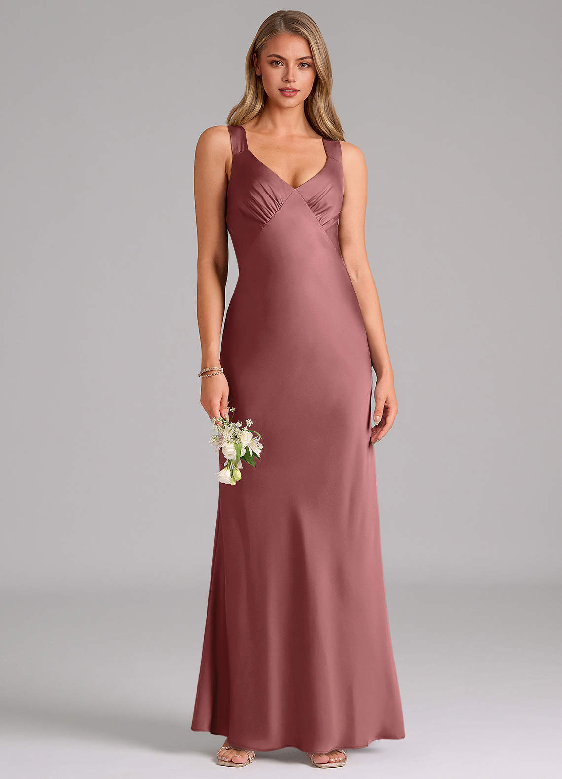 Azazie Kamila Bridesmaid Dresses Amethyst A-Line Pleated Stretch Satin Dress image1