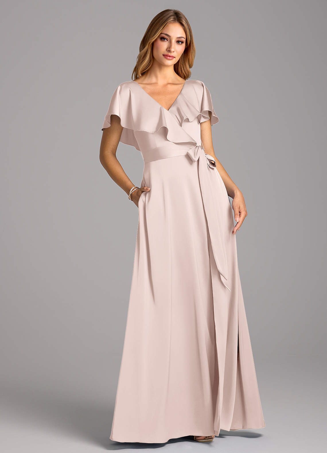 Azazie Lainey Bridesmaid Dresses Blushing Pink A-Line with Pockets Stretch Satin Dress image1