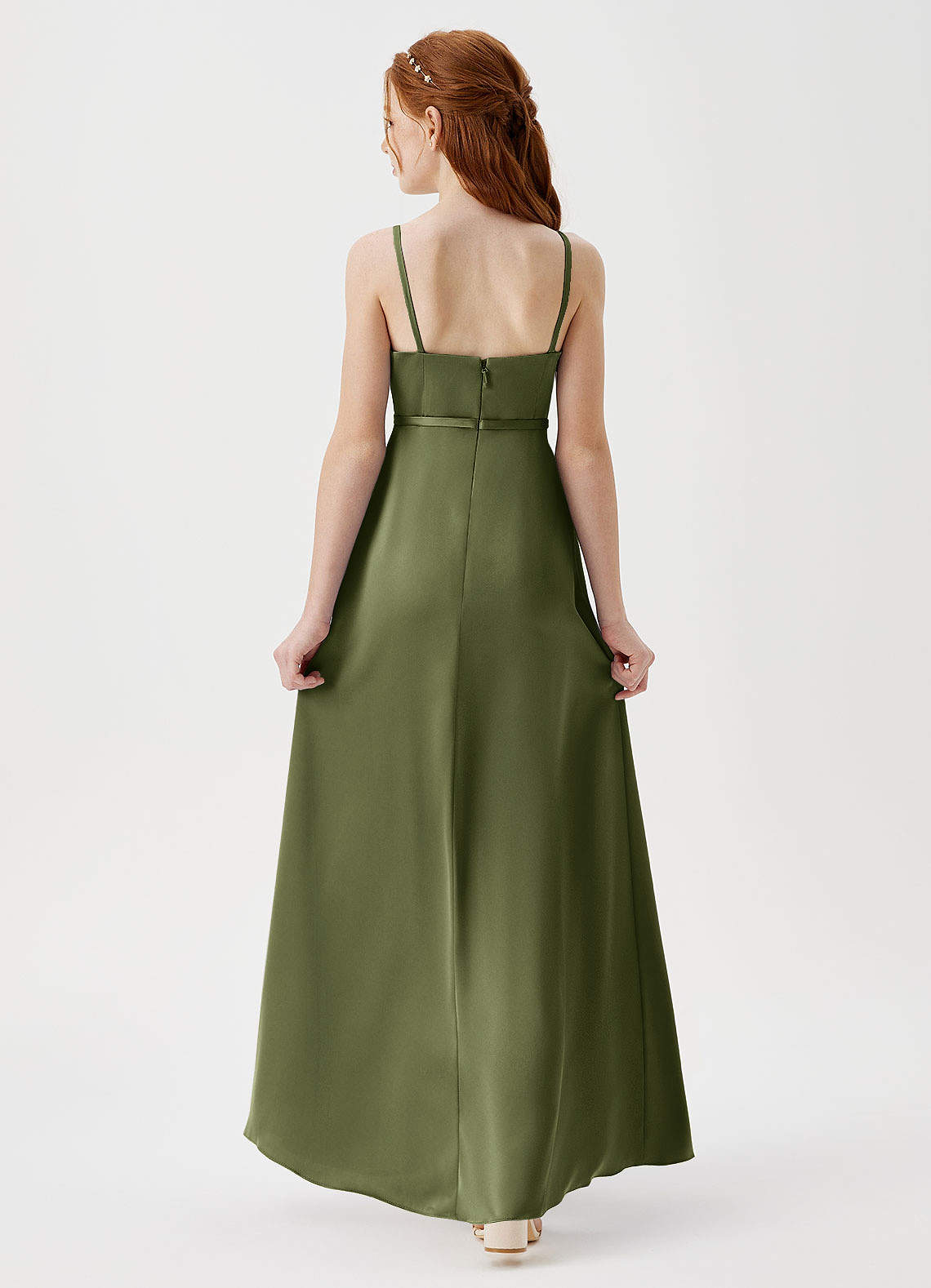 Azazie Kaylee Junior Olive A-Line with Belt Stretch Satin Dress image1