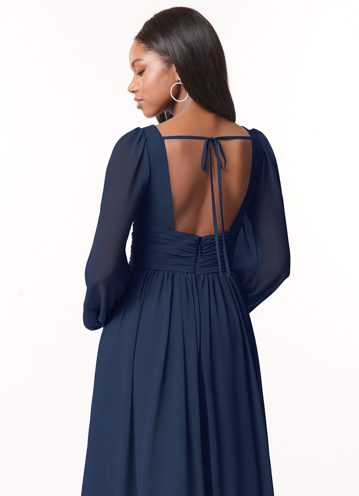 Azazie Norah Bridesmaid Dresses Dark Navy A-Line V-Neck Long Sleeve Chiffon Dress image2