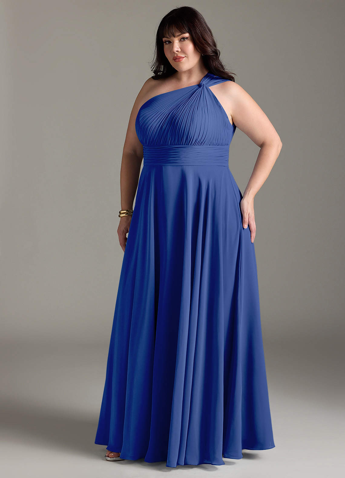 Azazie Charlize Vestidos de damas de honor Vestido de Azul Real de Gasa de Corte en A con Hombro unilateral image10