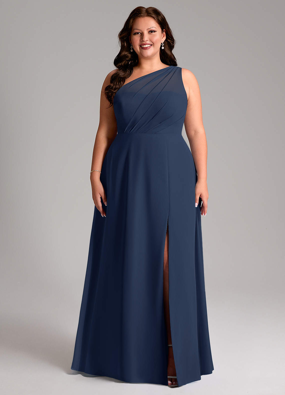 Azazie Phaedra Jurken voor bruidsmeisjes Jurk van Chiffon met A-Lijn One-Shoulder Donkere Marine image1