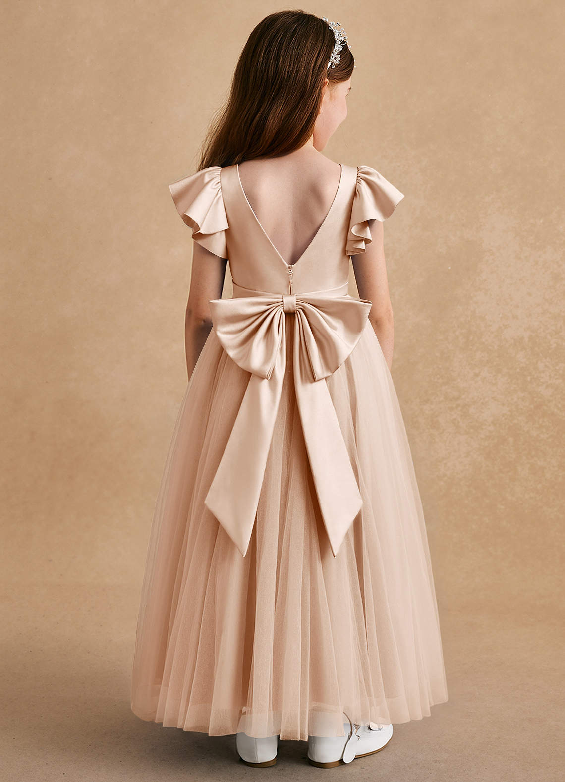 Azazie Suzy Flower Girl Dresses English Rose A-Line with Sleeves Tulle Dress image1