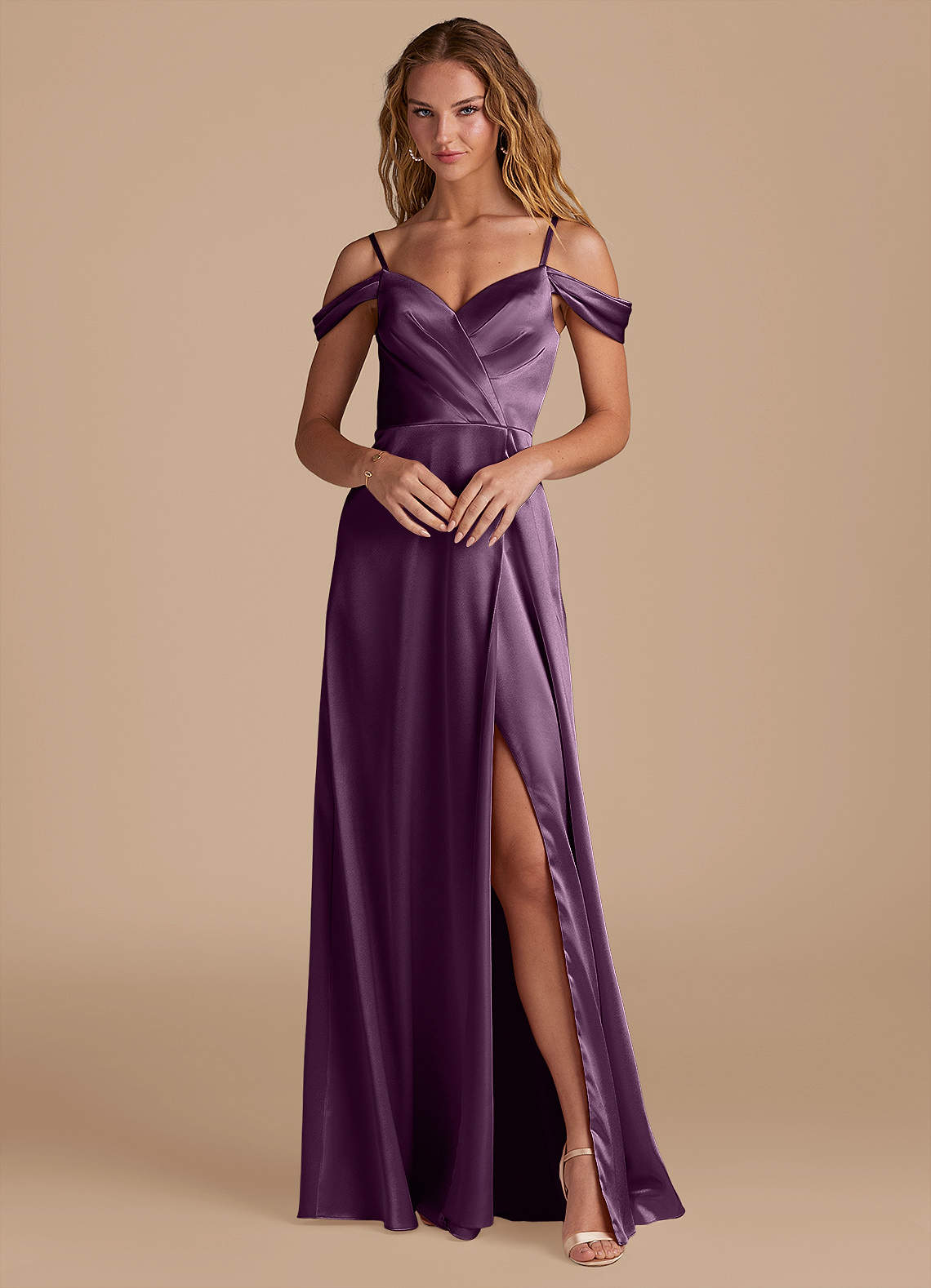 Azazie Ocean Bridesmaid Dresses Plum A-Line Off the Shoulder Metallic Satin Dress image1