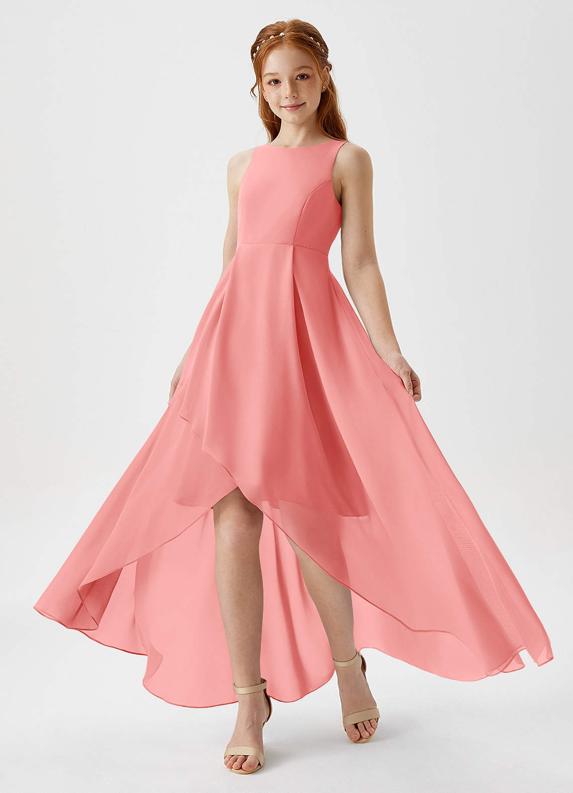 Azazie Lizette Junior Robe Trapèze en Mousseline de soie Plissée Corail image1