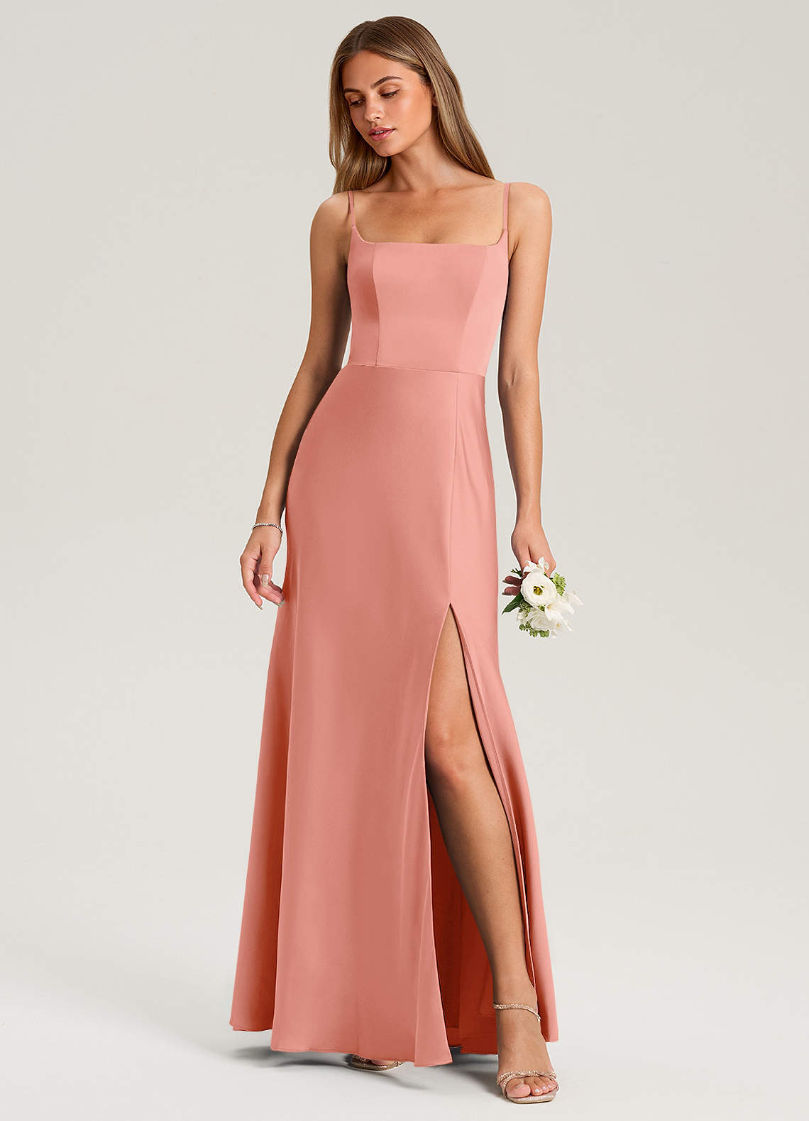 Azazie Lidia Robes de demoiselle d'honneur Robe Sirène en Satin extensible Fente Latérale Corail image1