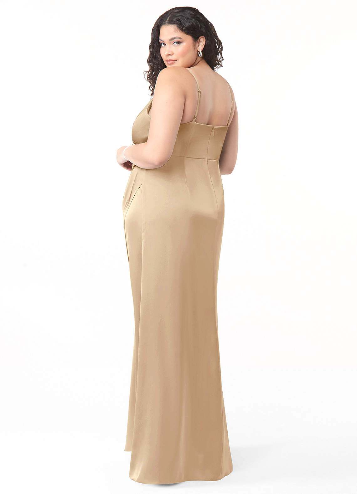 Azazie Maci Bridesmaid Dresses Champagne A-Line V-Neck Pleated Stretch Satin Dress image7