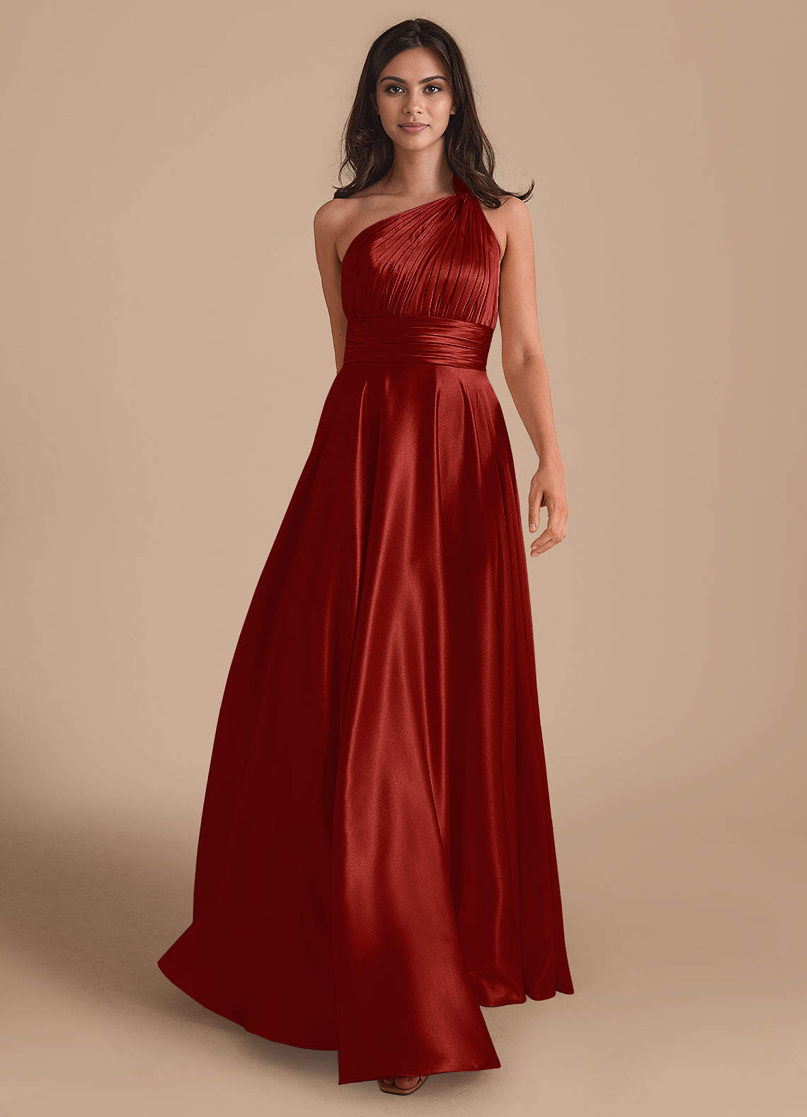 Azazie Charlize Bridesmaid Dresses Rust A-Line One Shoulder Metallic Satin Dress image1