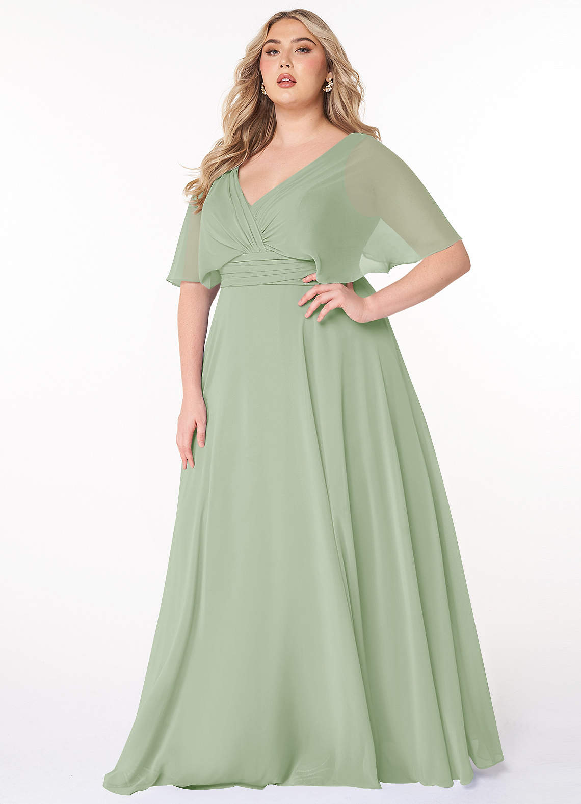 Azazie Pamela Robes de demoiselle d'honneur Robe Trapèze en Mousseline de soie Col V plissé Vert Sauge image1