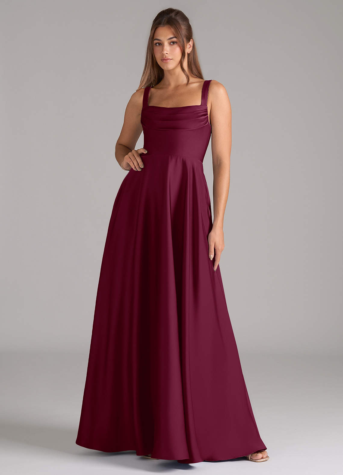 Azazie Shaude Bridesmaid Dresses Mulberry A-Line Pleated Stretch Satin Dress image1