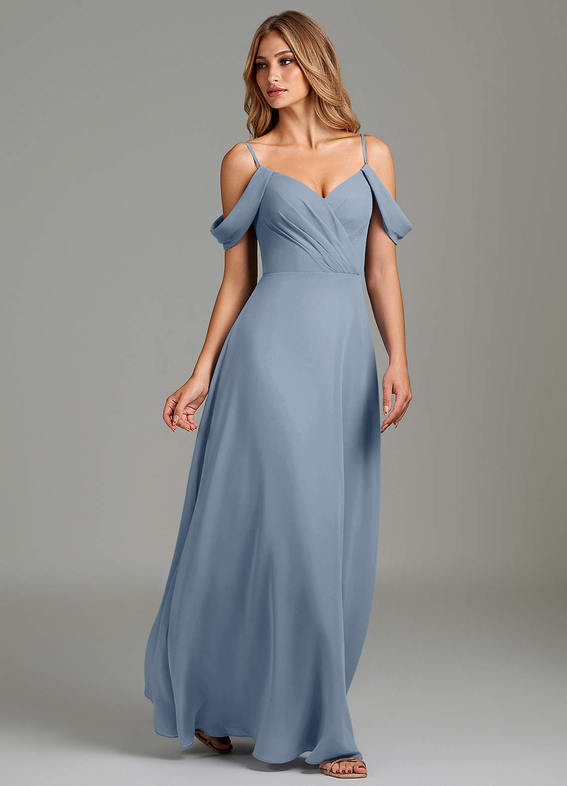 dusty blue bridesmaid dresses off shoulder BABARONI BABARONI Chiffon Dusty Blue Bridesmaid Dresses Off-the-shoulder Floor-length Cap Sleeve Ruched Empire, Dusty Blue / US0