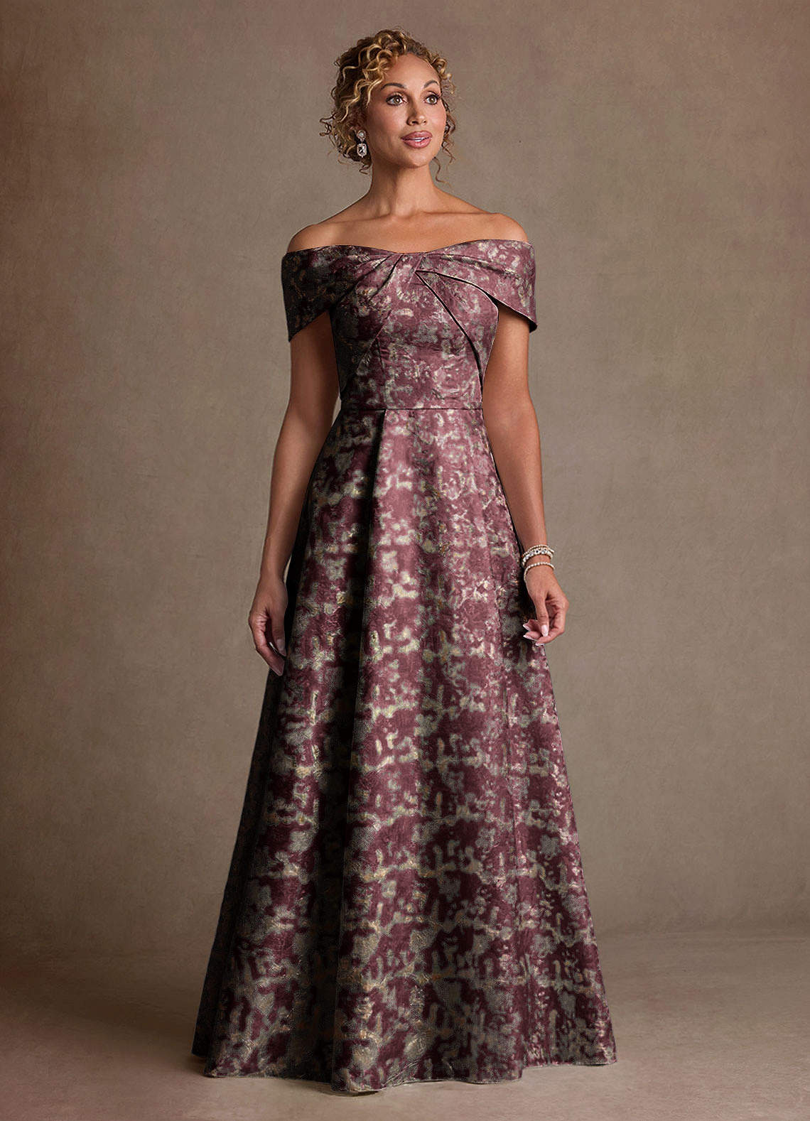 Azazie Harriett Cabernet A-Line Off the Shoulder Floral Jacquard