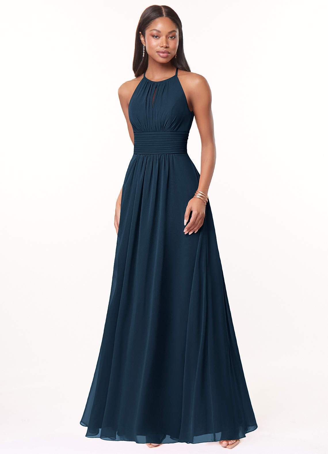 dark blue bridesmaid dresses Illusion Cut Sleeveless Satin Skirt loveangeldress shoulder dress then Angelina is just the style for you Azazie A-Line Halter Neck Floor-Length