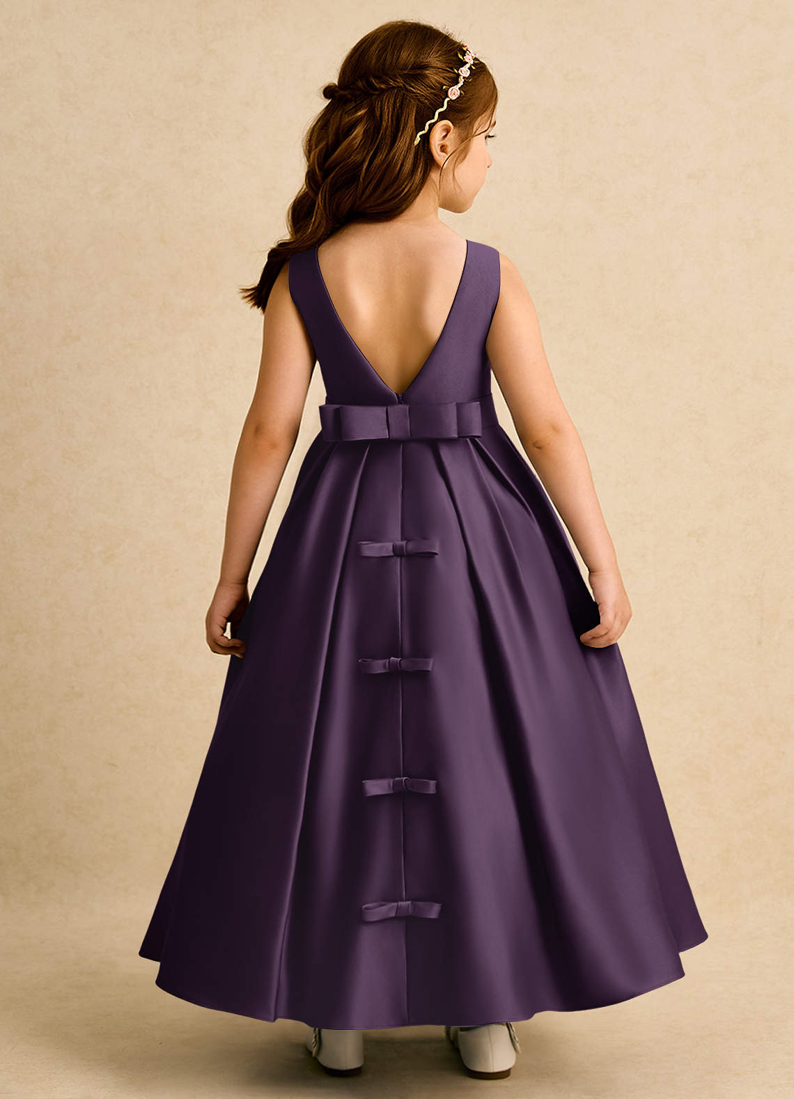 Azazie Mapel vestidos de niña de las flores Vestido de Ciruela de Satin Mate de Princesa con Plisado image1