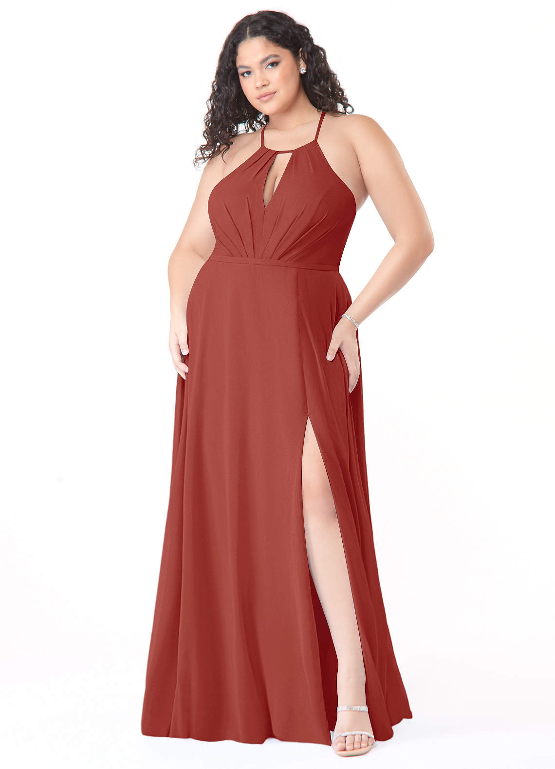 Azazie Evalleen Robes de demoiselle d'honneur Robe Trapèze en Mousseline de soie Plissée Terracotta image8