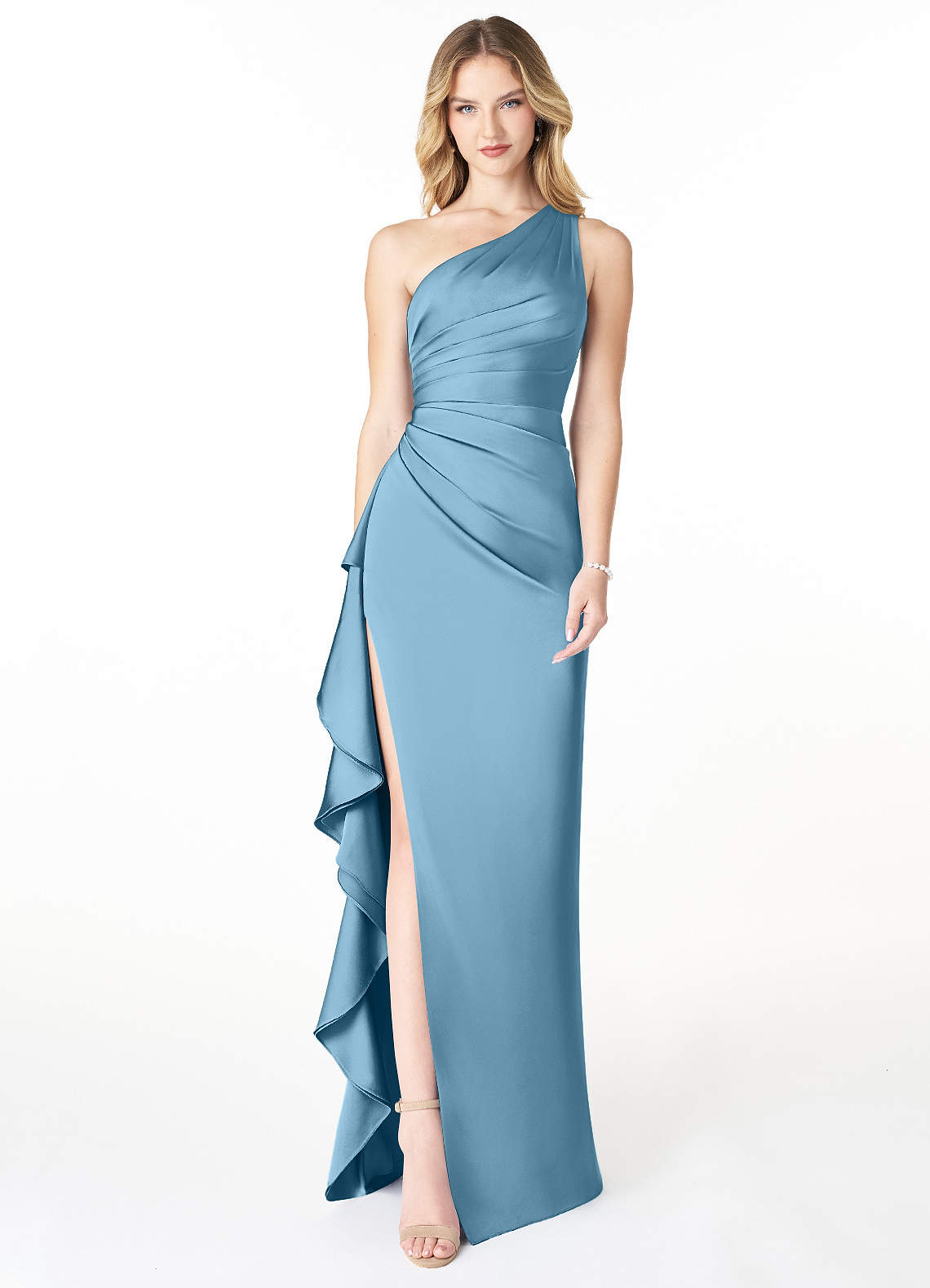 Azazie Latrice Bridesmaid Dresses Steel Blue Sheath One Shoulder Cascading Ruffles Stretch Satin Dress image1