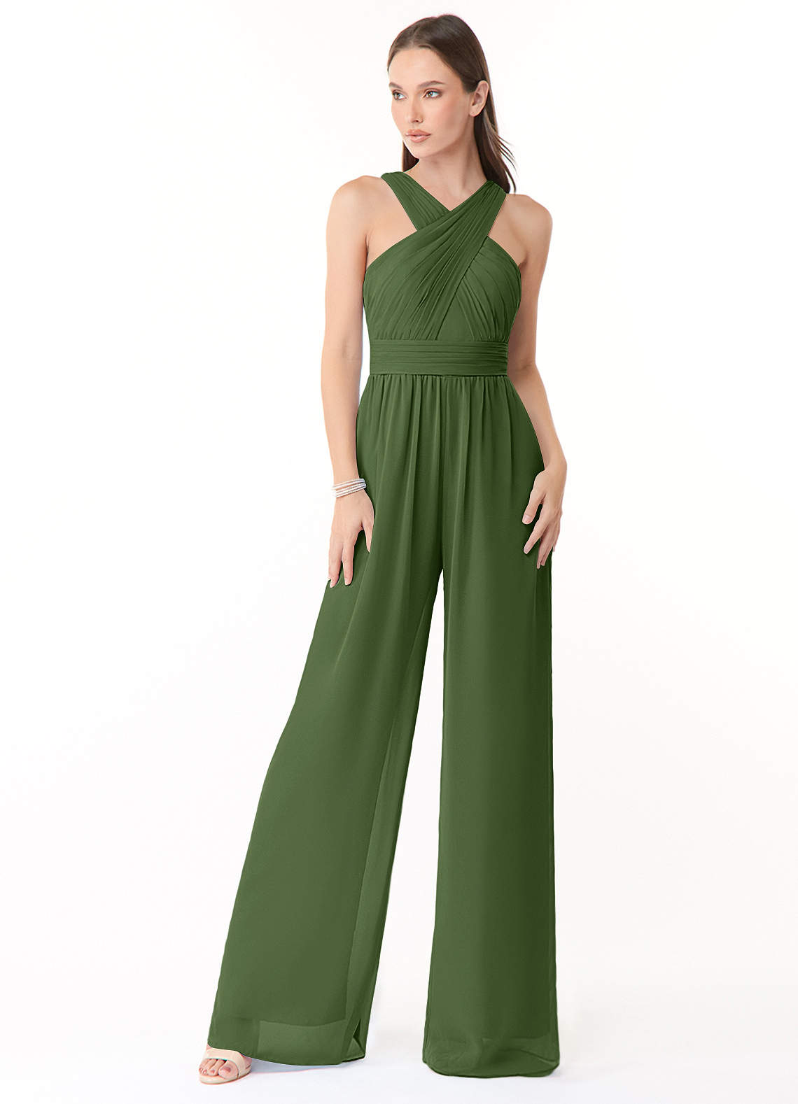 Azazie Berdie Vestidos de damas de honor Oliva de Gasa de Mono con Halter image1