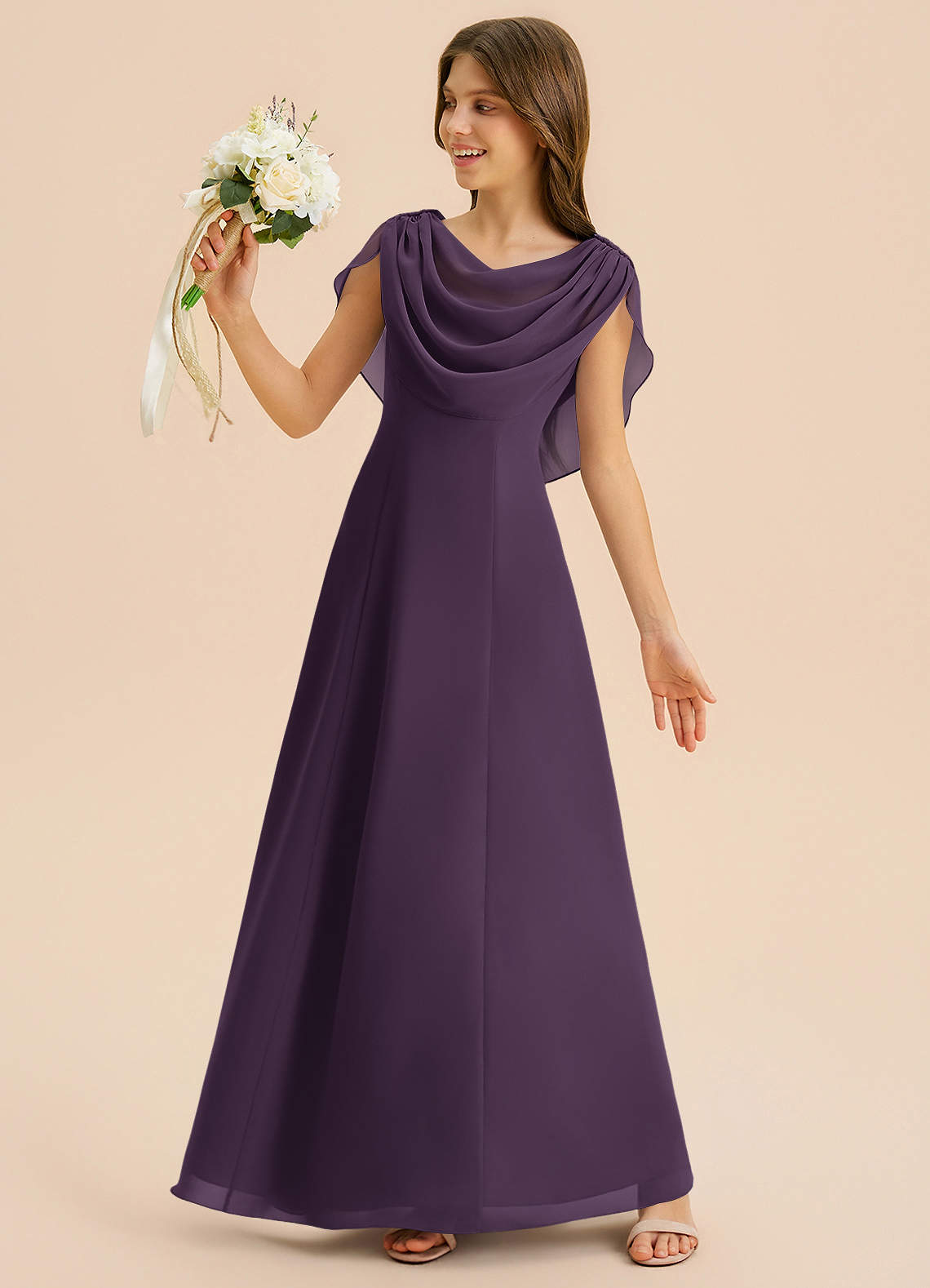 plum junior bridesmaid dresses Azazie A-Line/Princess Cowl Neck Floor-Length Chiffon CW Bridesmaid Pariaura Blue & White Size:49EU Flutter Sleeves Embellishment