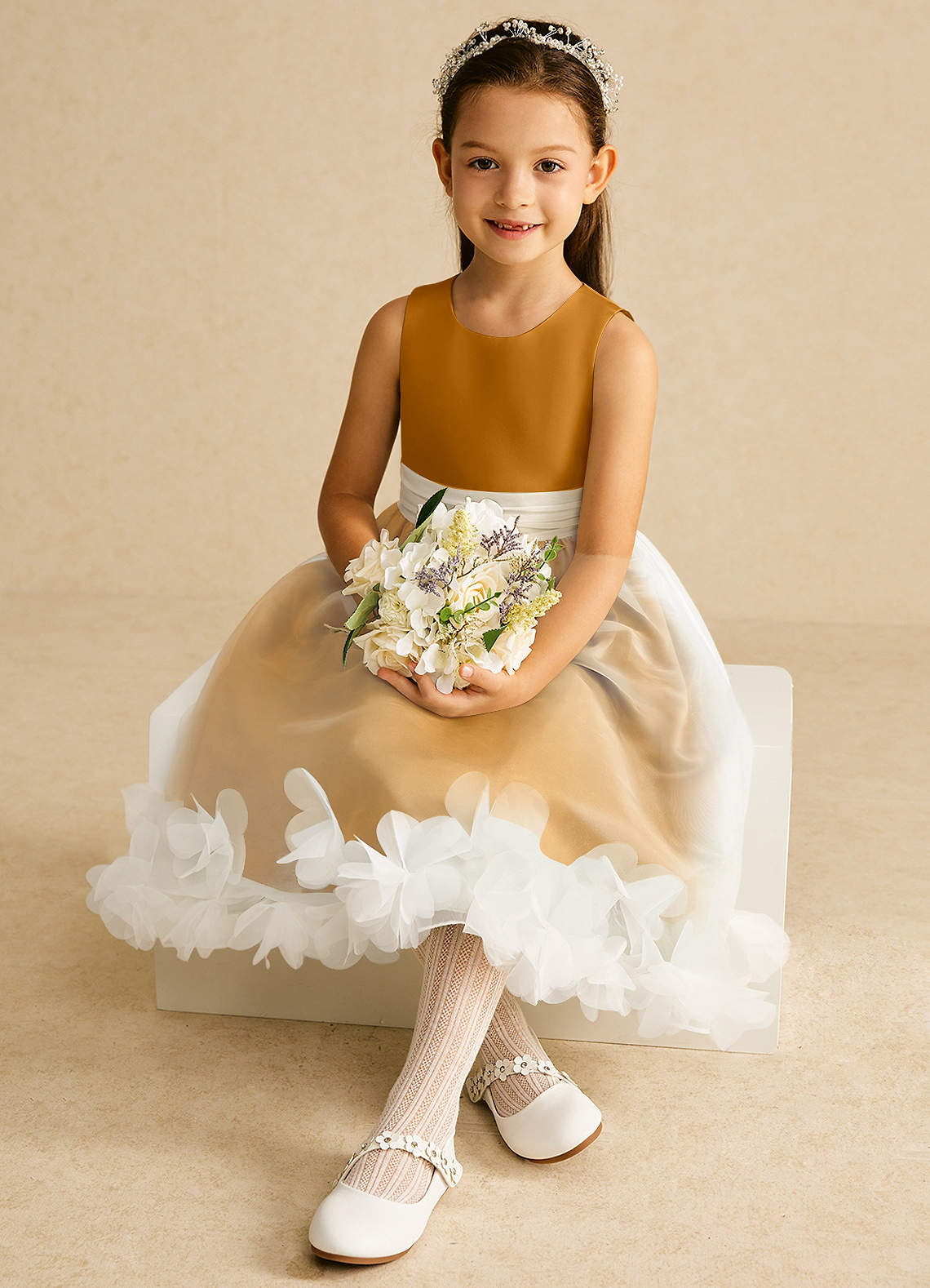 Azazie Stardust Flower Girl Dresses Butterscotch A-Line Sleeveless Organza Dress image1