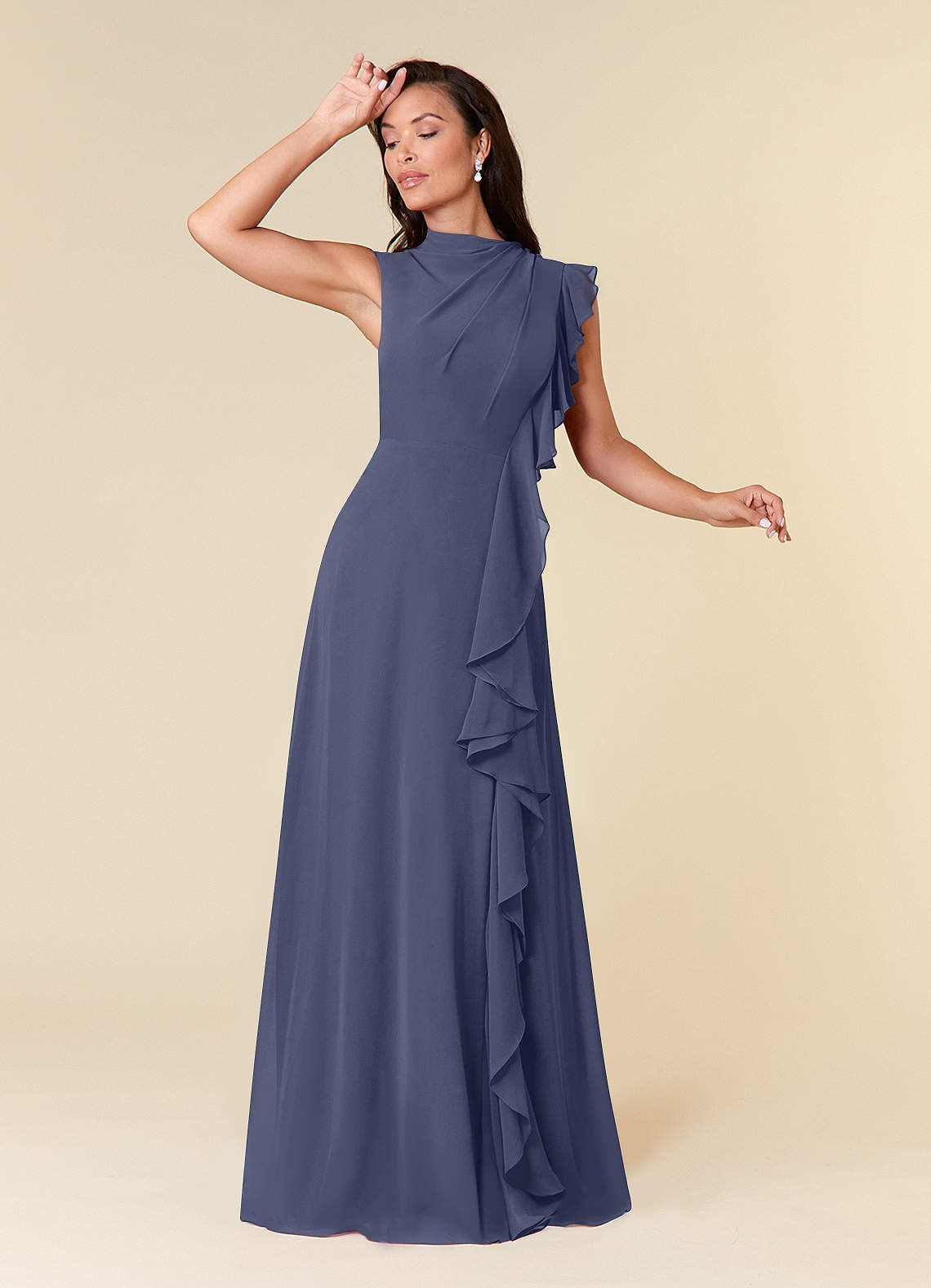 Azazie Narine Mère de la mariée Robes Robe Trapèze en Mousseline de soie Encolure haute plissée Bleu Orageux image1