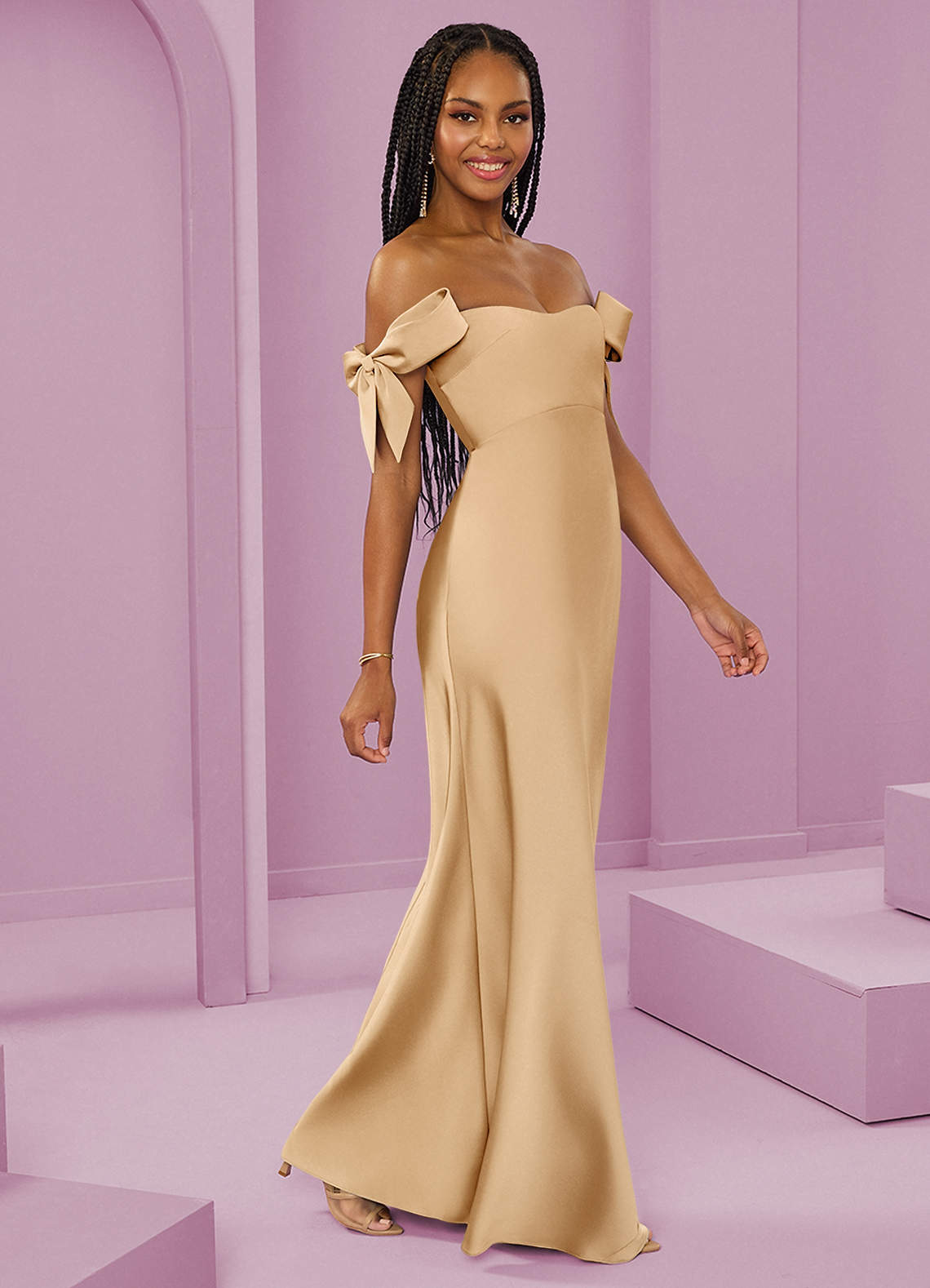 Barbie ♥ Azazie Bridesmaid Dresses Gold Sheath Off the Shoulder Stretch Satin Convertible Dress image1