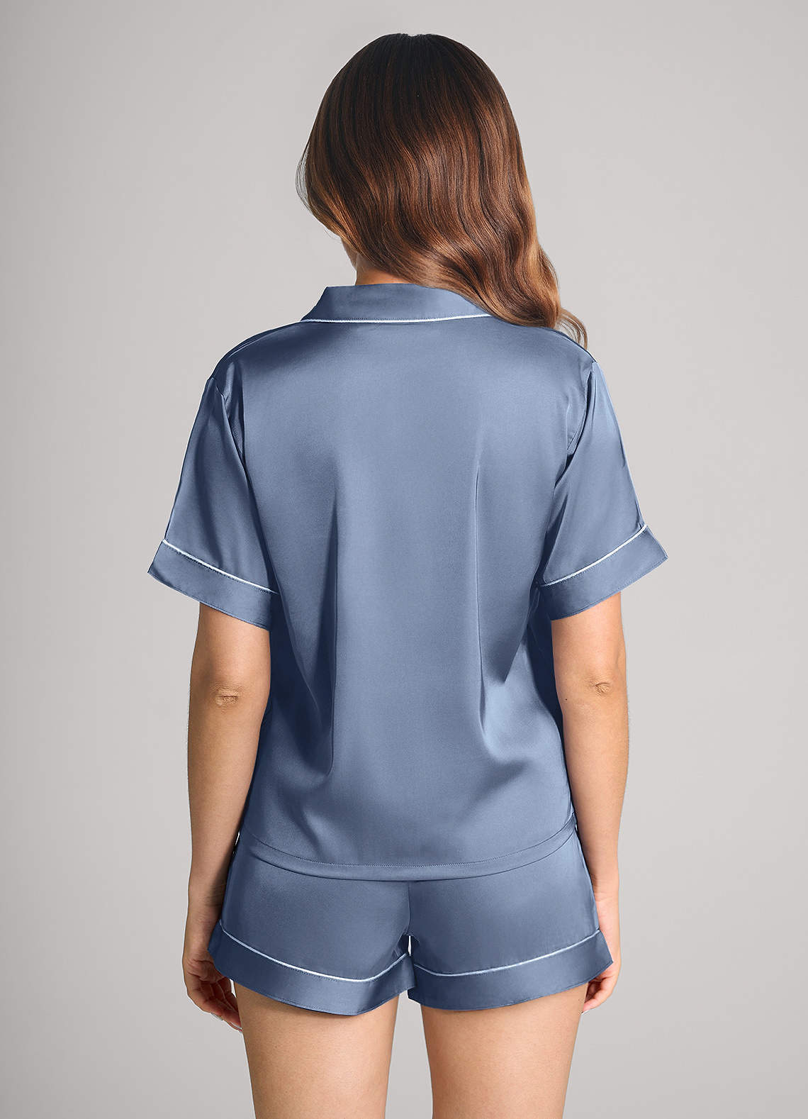 front Matching Color Satin Contrast Piping Pajama Set