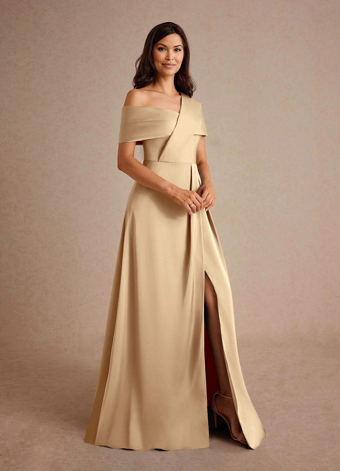 Azazie Milton Mother of the Bride Dresses Champagne A-Line Pleated Stretch Satin Dress image5