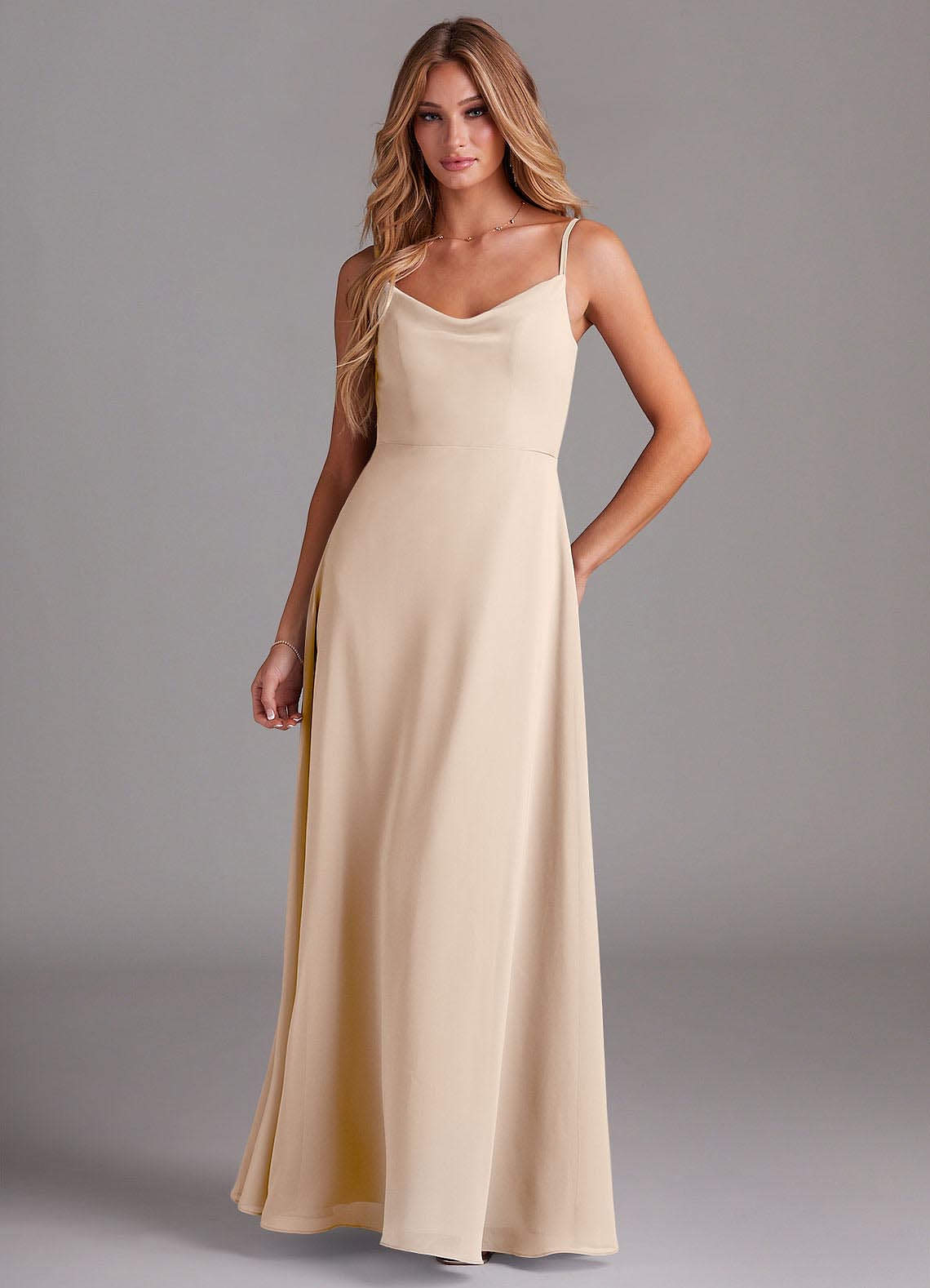white cowl neck bridesmaid dress White Bridesmaid Dress Spaghetti Straps Cowl Neck Sheath/Coulmn Ruched Floor Length Chiffon Bridesmaid Dress With Slit