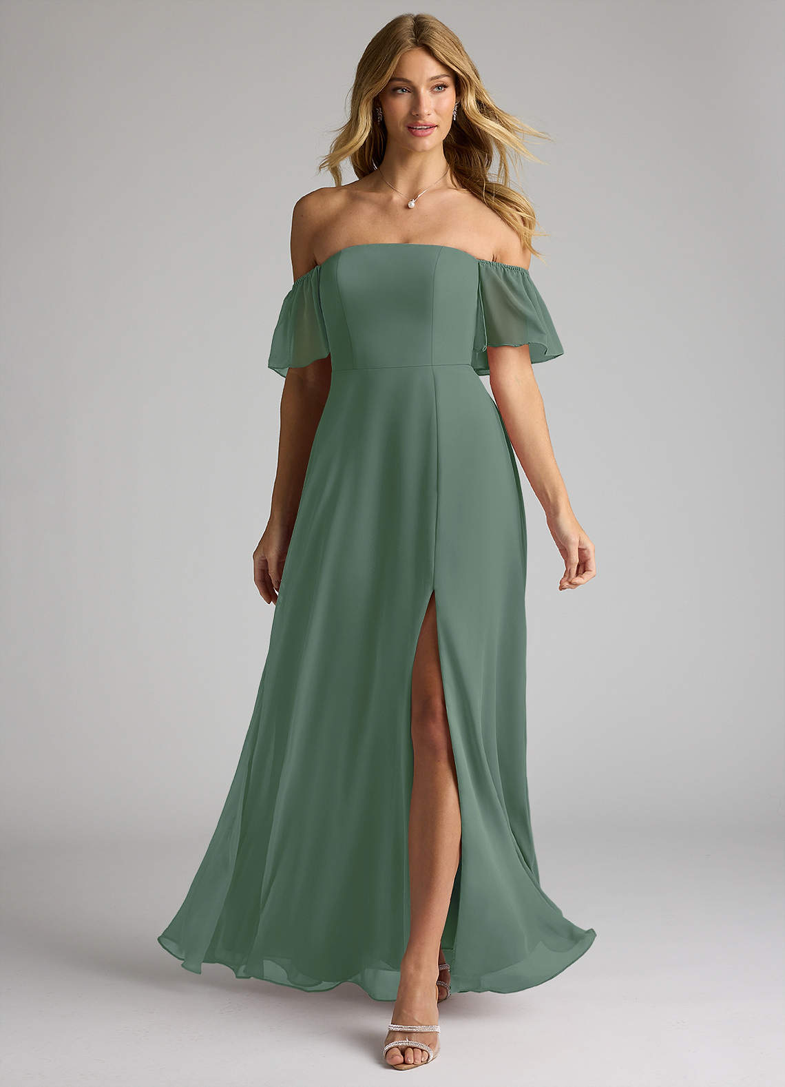Azazie Sue Bridesmaid Dresses Eucalyptus A-Line Off the Shoulder Chiffon Convertible Dress image1