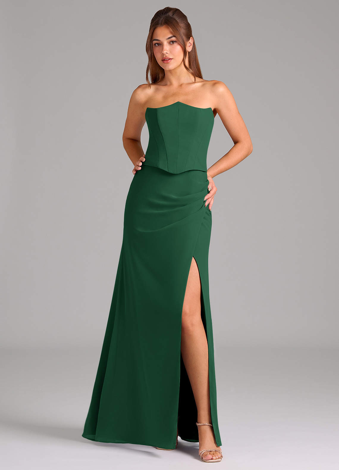 Azazie Jenine Bridesmaid Dresses Dark Green Mermaid Strapless Chiffon Dress image1