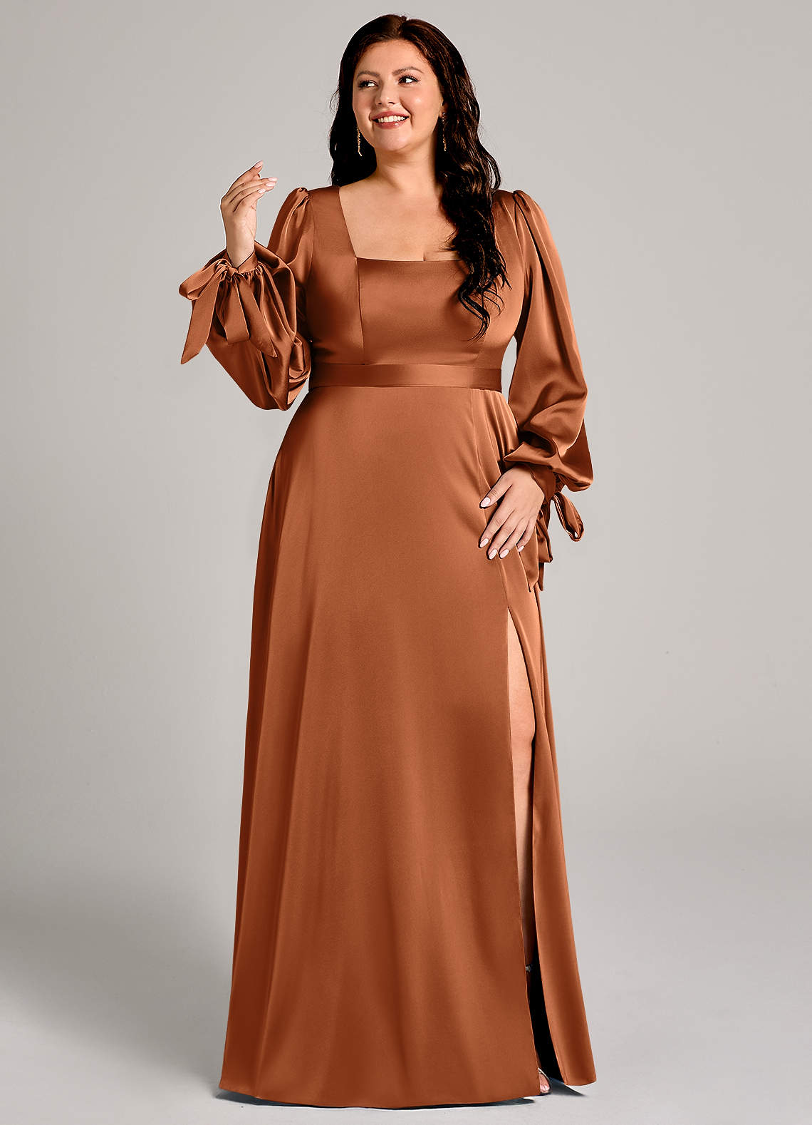 copper dress long sleeve Safiya Long Sleeve Plunge Neck Metallic Jersey Evening Gown in Copper Bronze