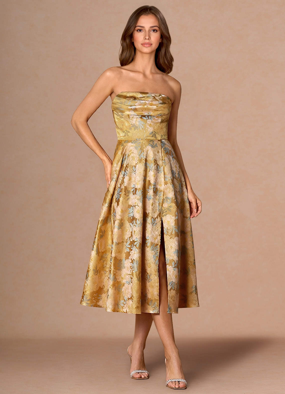 Nella Ochre Gold Midi Dress | Azazie UK