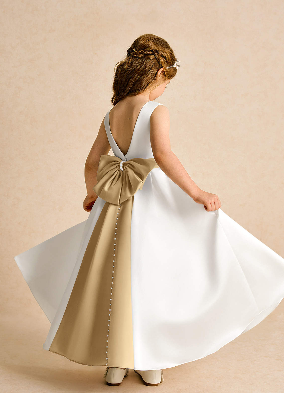 Azazie Cherry Ivory Gold Ball-Gown Pleated Matte Satin Dress | Azazie