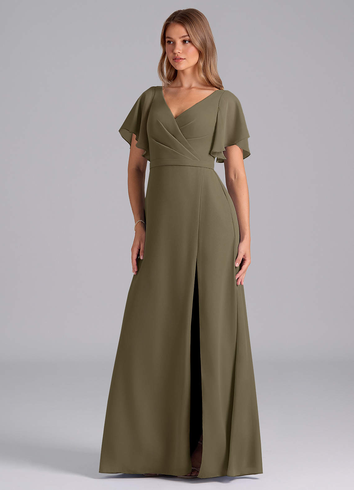 Azazie Ambrosia Robes de demoiselle d'honneur Robe Trapèze en Mousseline de soie Plissée Vert Saule image1