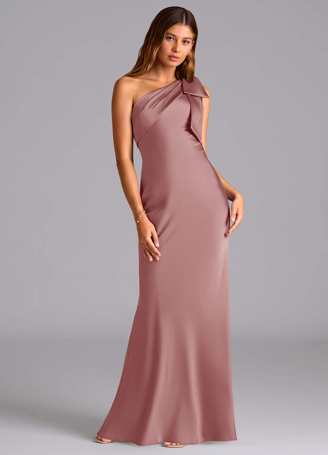 Azazie Yuanna Bridesmaid Dresses Dusty Rose Mermaid One Shoulder Stretch Satin Dress image2
