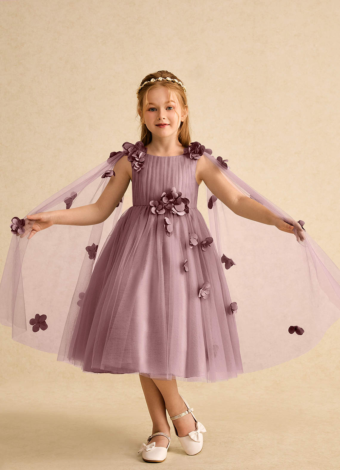 Azazie Staria Flower Girl Dresses Dusty Rose Ball-Gown Ruched Tulle Dress image3
