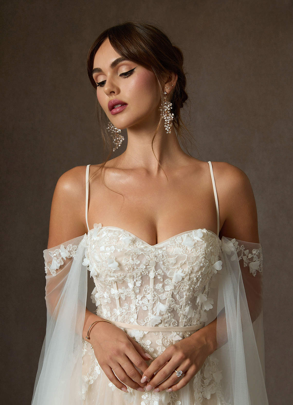 Azazie Wynery Wedding Dresses Diamond White Champagne Ball-Gown Off the Shoulder Lace Dress image2