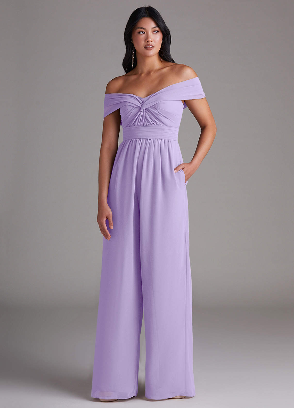 Azazie Lamara Bridesmaid Dresses Lilac Off the Shoulder Chiffon Convertible Jumpsuit image1