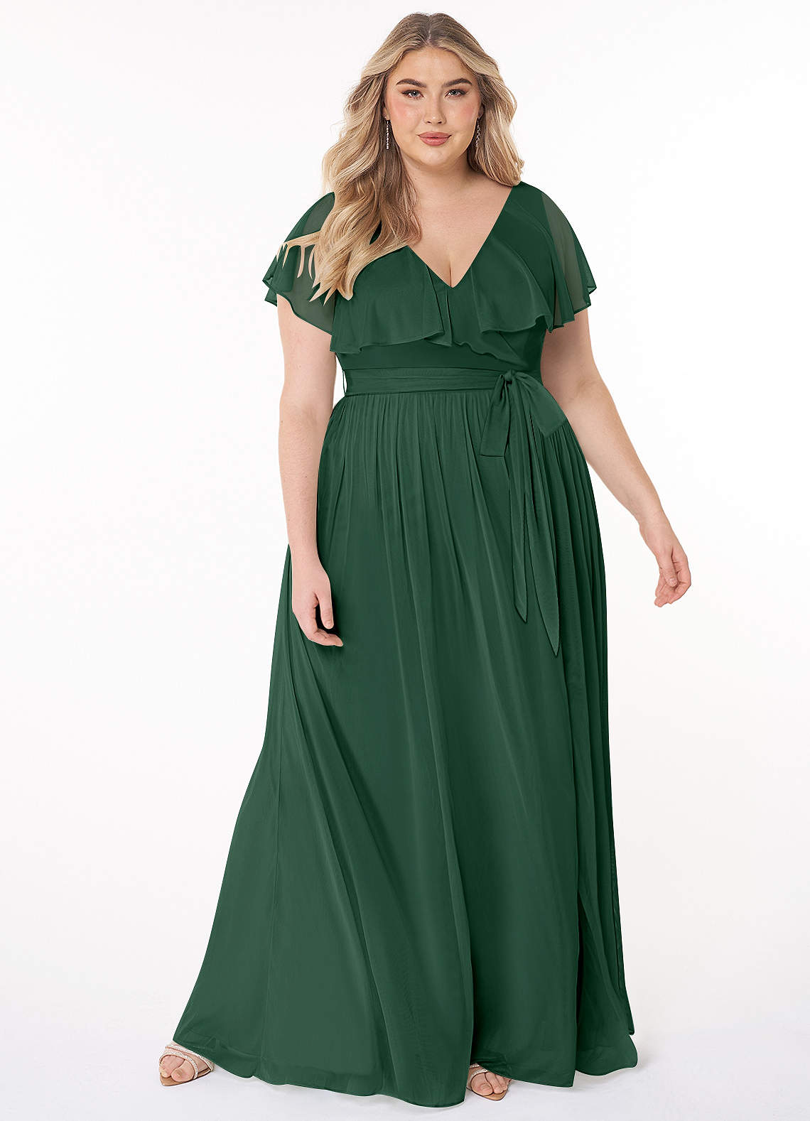 Azazie Jael Robes de demoiselle d'honneur Robe Trapèze en Maille Col en V Vert Foncé image1
