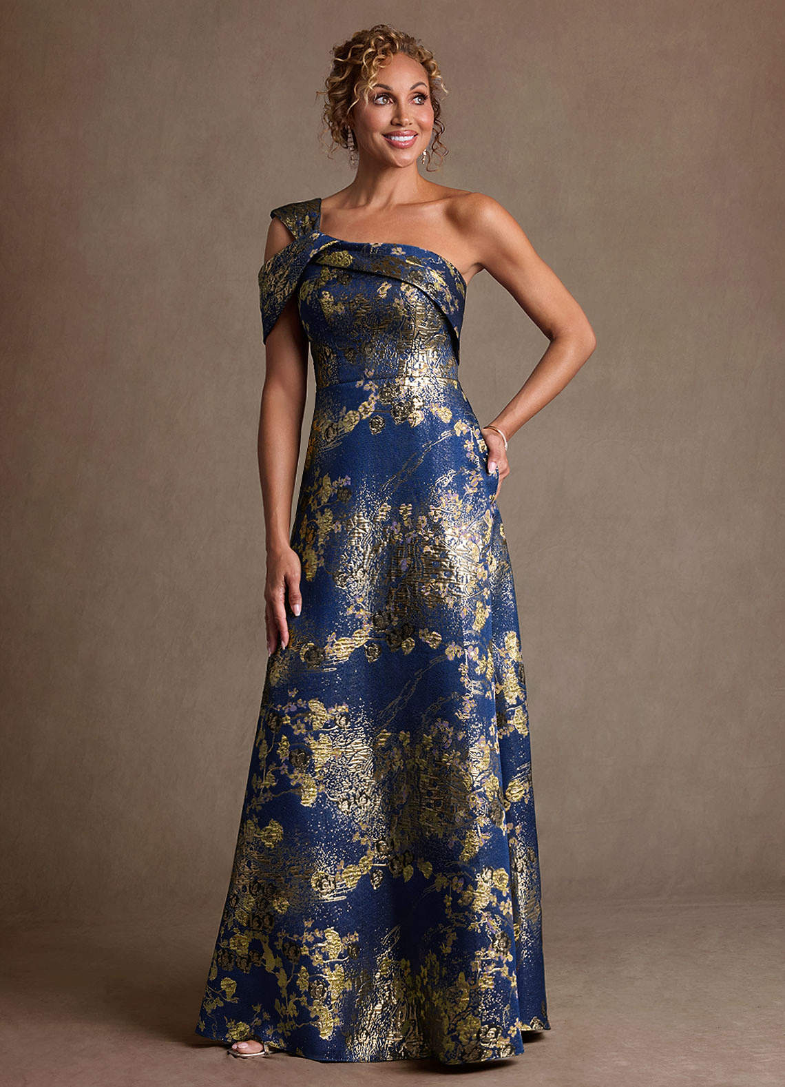 Azazie Yeshe Navy Floral A-Line Pleated Floral Jacquard Dress | Azazie DE