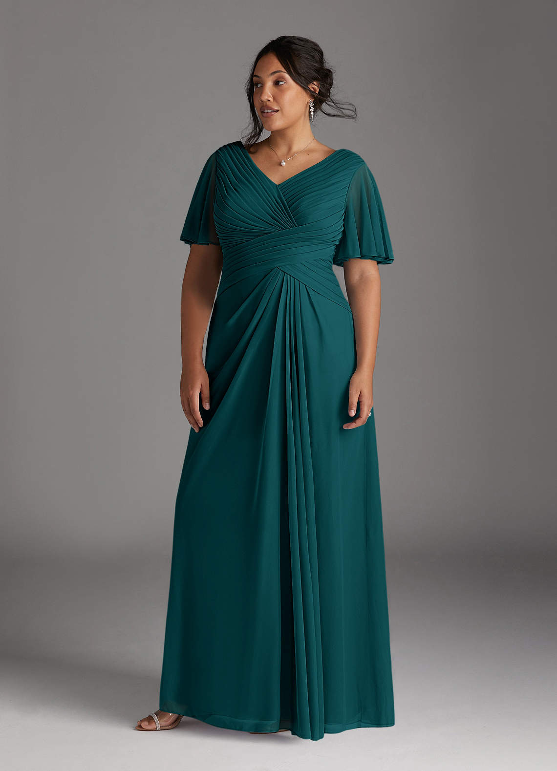 Azazie Emmeline Mother of the Bride Dresses Peacock A-Line V-Neck Pleated Mesh Dress image1