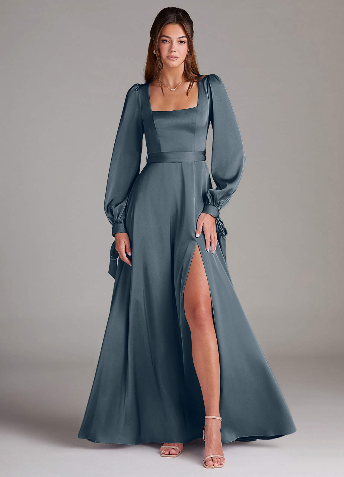 Azazie Leonia Bridesmaid Dresses Twilight A-Line Long Sleeve Stretch Satin Dress image1
