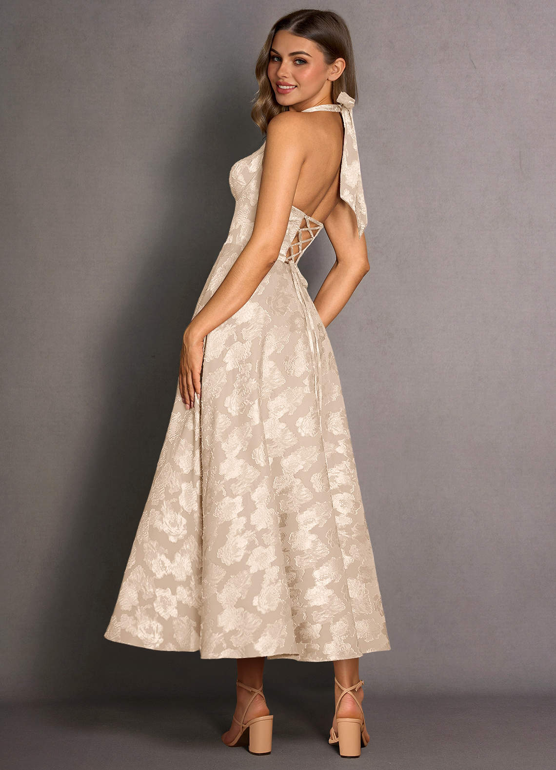 Azazie Maxi Dresses A-Line Semi-Formal Dresses Halter Bows Cream