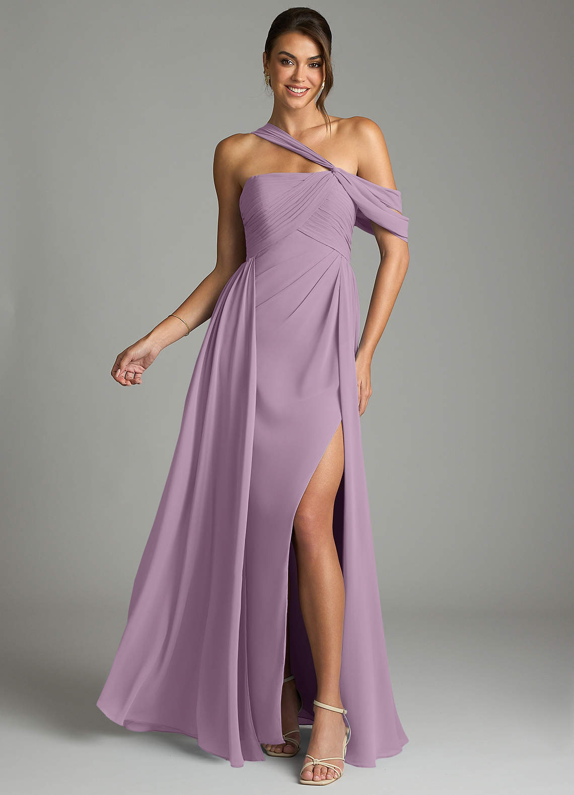 Azazie A-Line One-Shoulder Floor-Length Chiffon Bridesmaid Dresses - Wisteria