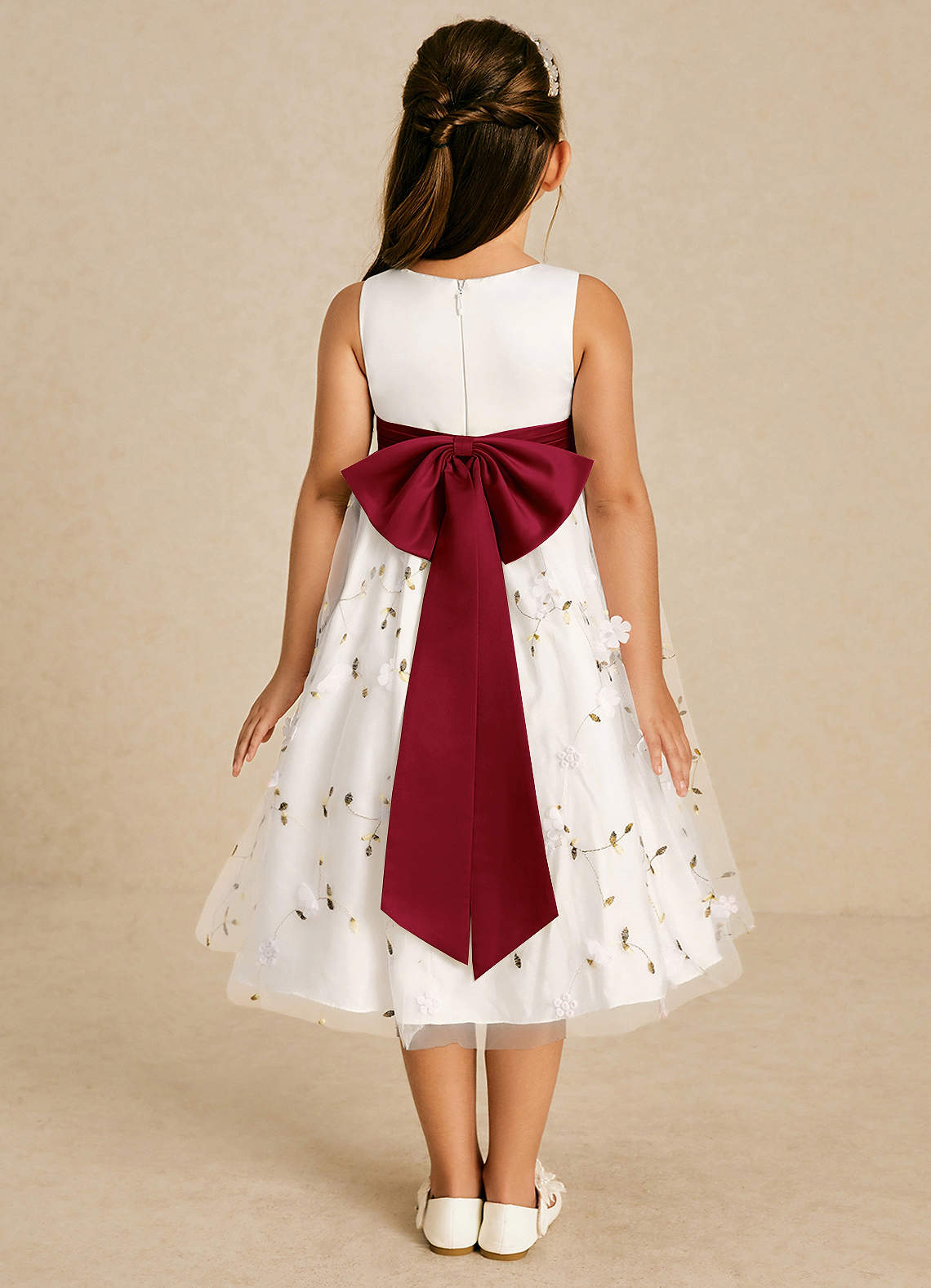 Azazie Pollie Flower Girl Dresses Ivory Burgundy A-Line Bow Tulle Dress image1