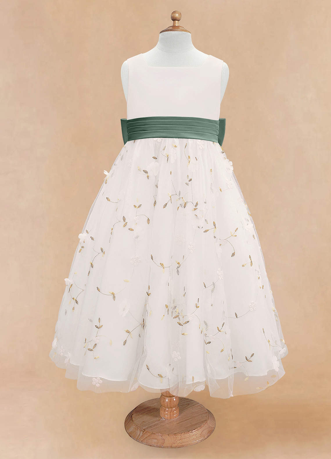 Azazie Pollie Flower Girl Dresses Ivory Eucalyptus A-Line Bow Tulle Dress image10